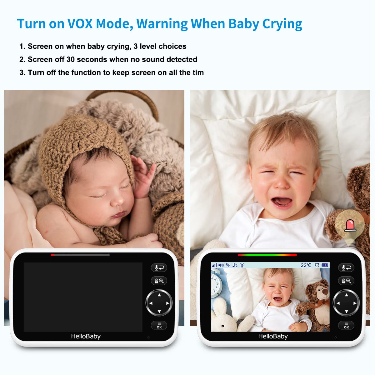 HelloBaby 5" No WiFi Baby Monitor – Long Battery, PTZ, Night Vision