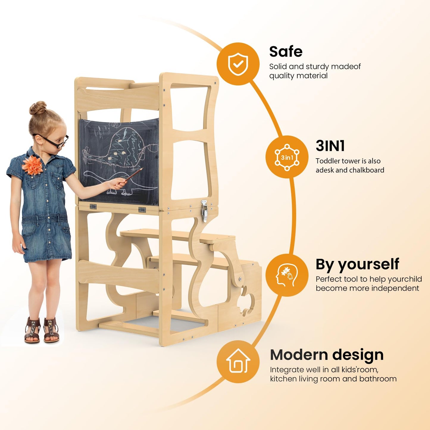 Toddler Kitchen Helper Tower – Montessori 3-in-1 Wooden Step Stool