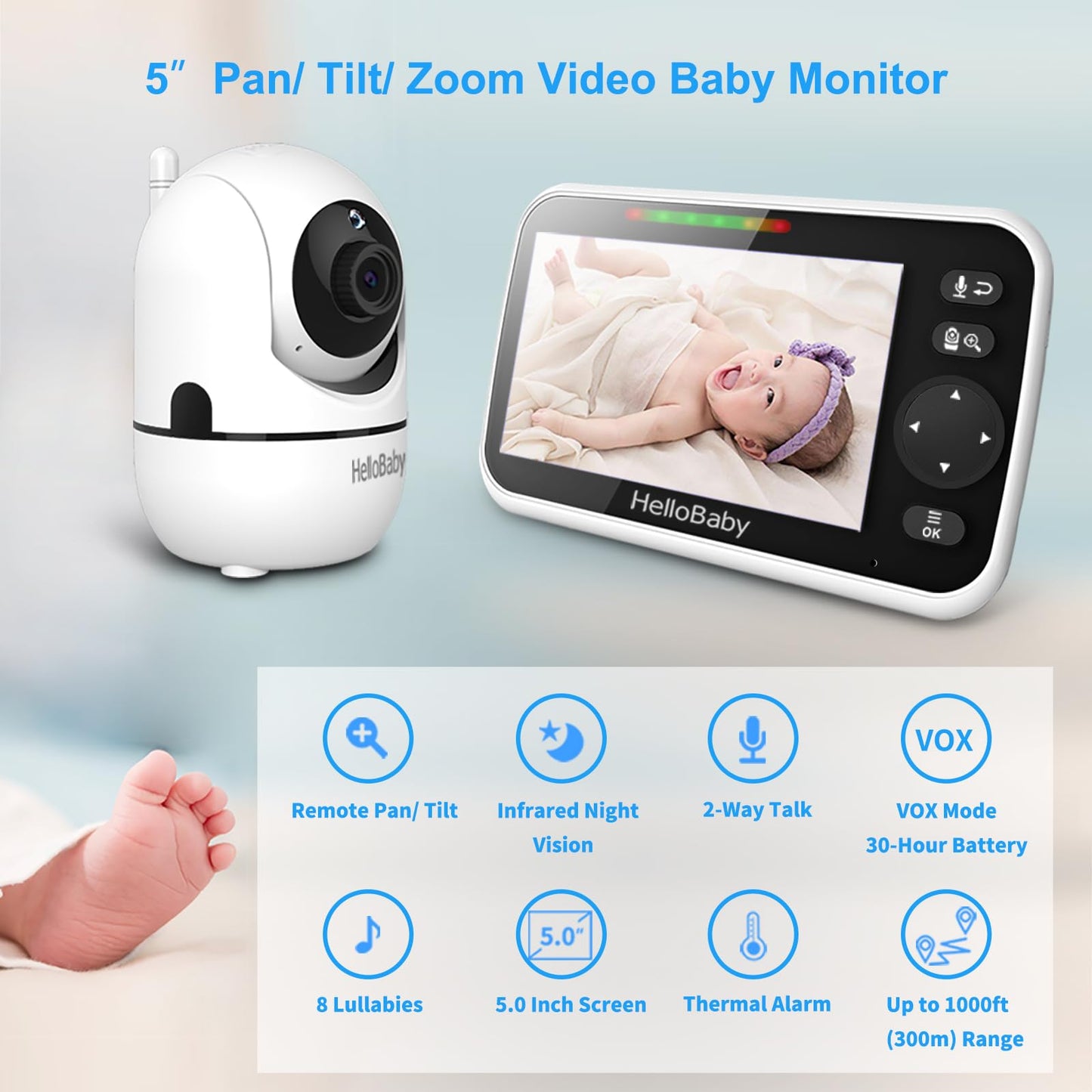 HelloBaby 5" No WiFi Baby Monitor – Long Battery, PTZ, Night Vision