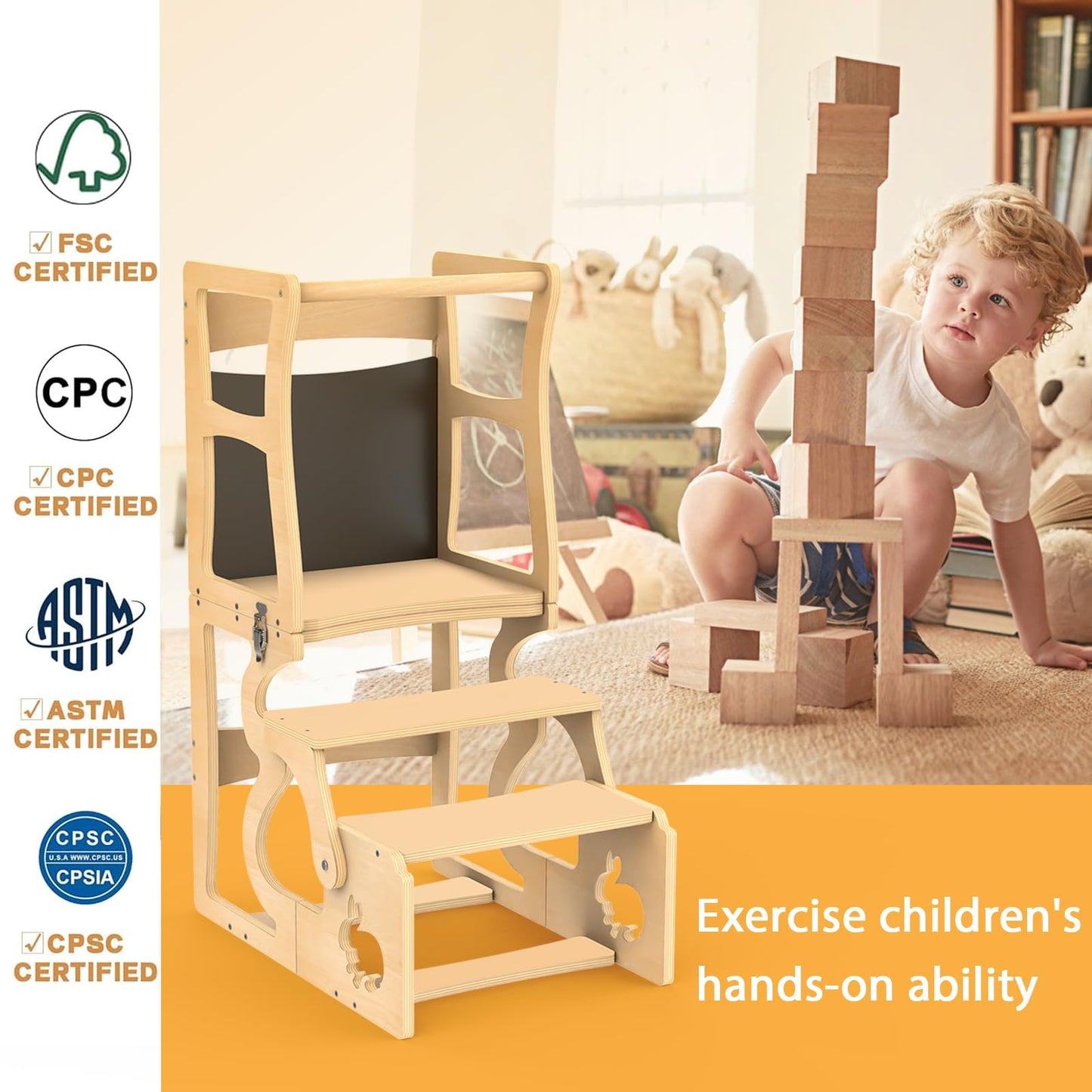 Toddler Kitchen Helper Tower – Montessori 3-in-1 Wooden Step Stool