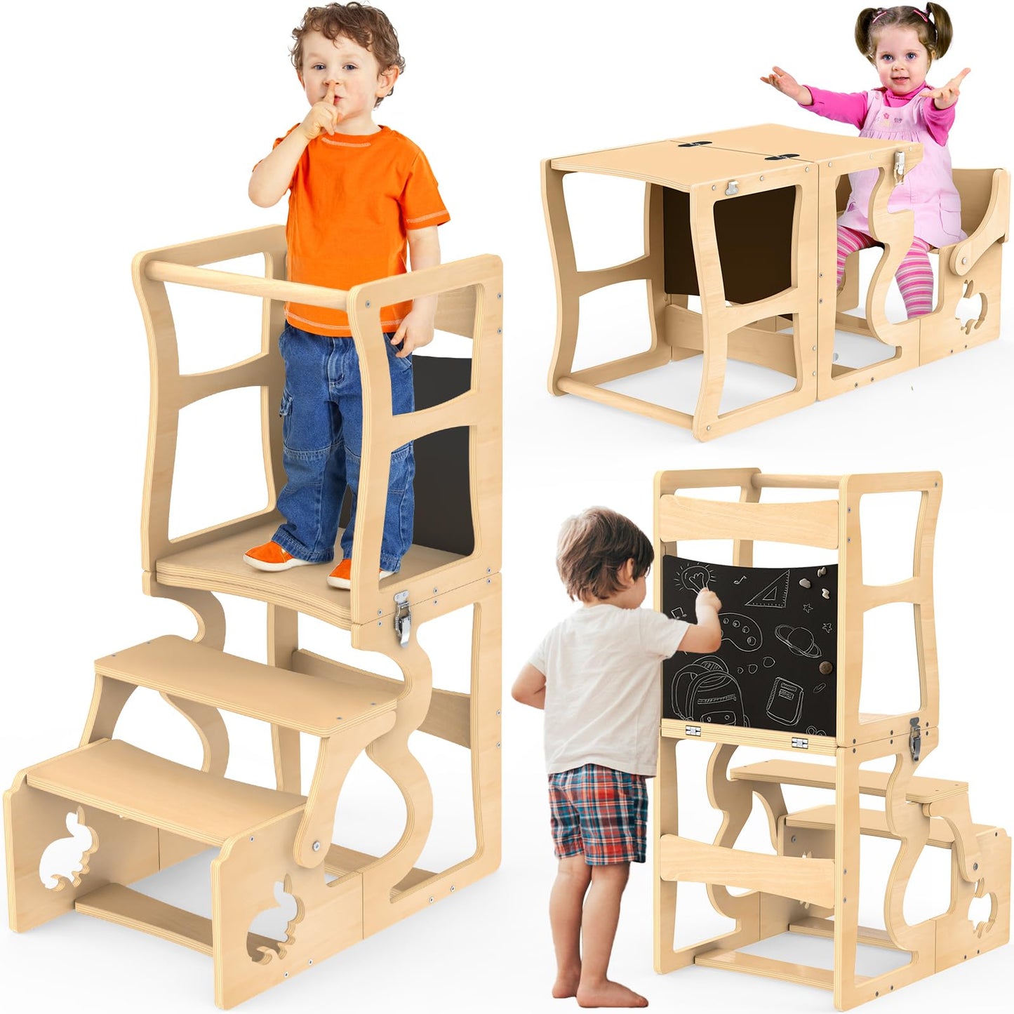 Toddler Kitchen Helper Tower – Montessori 3-in-1 Wooden Step Stool