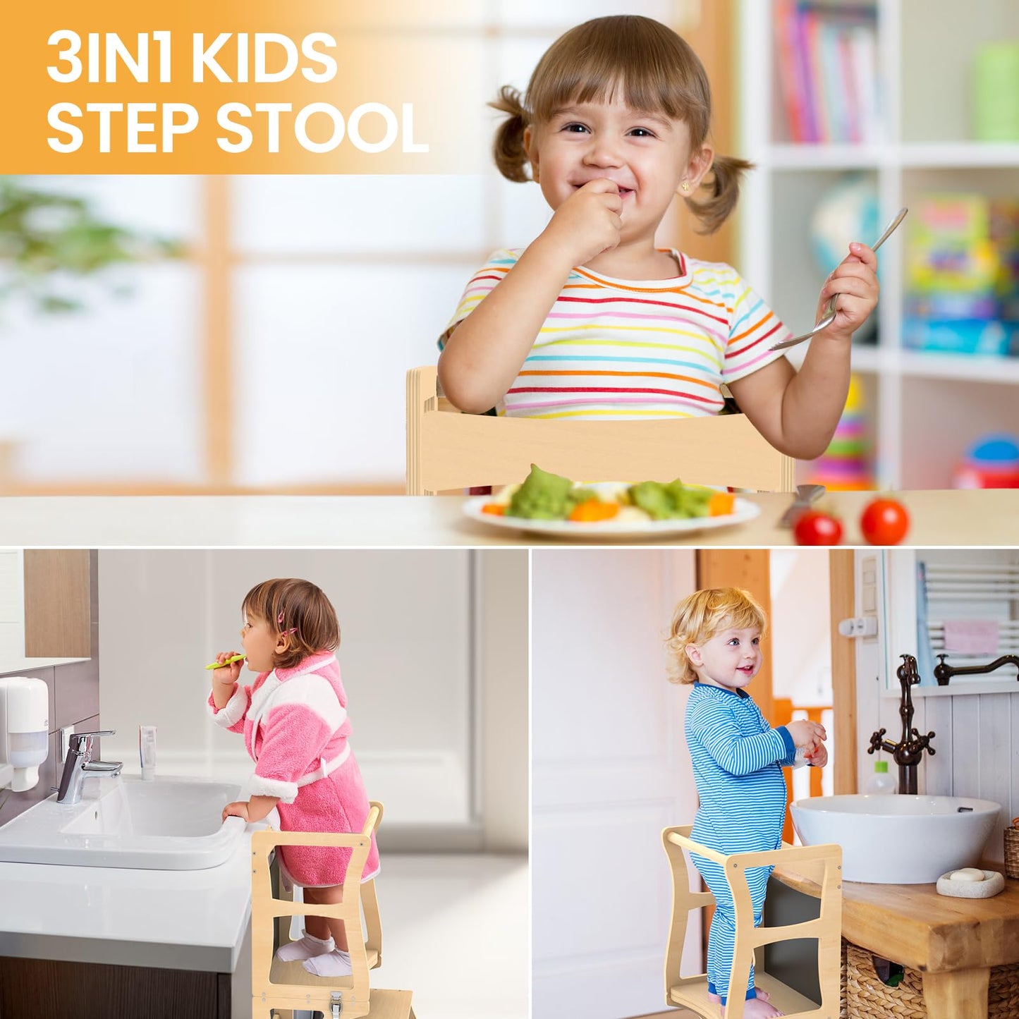 Toddler Kitchen Helper Tower – Montessori 3-in-1 Wooden Step Stool