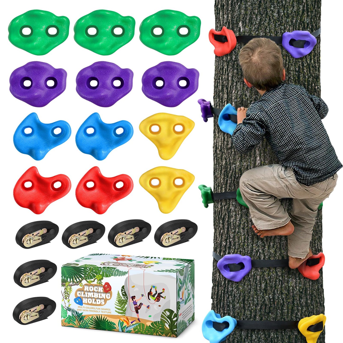 TOPNEW Ninja Tree Climbing Holds – 12 Rock Grips with 6 Straps